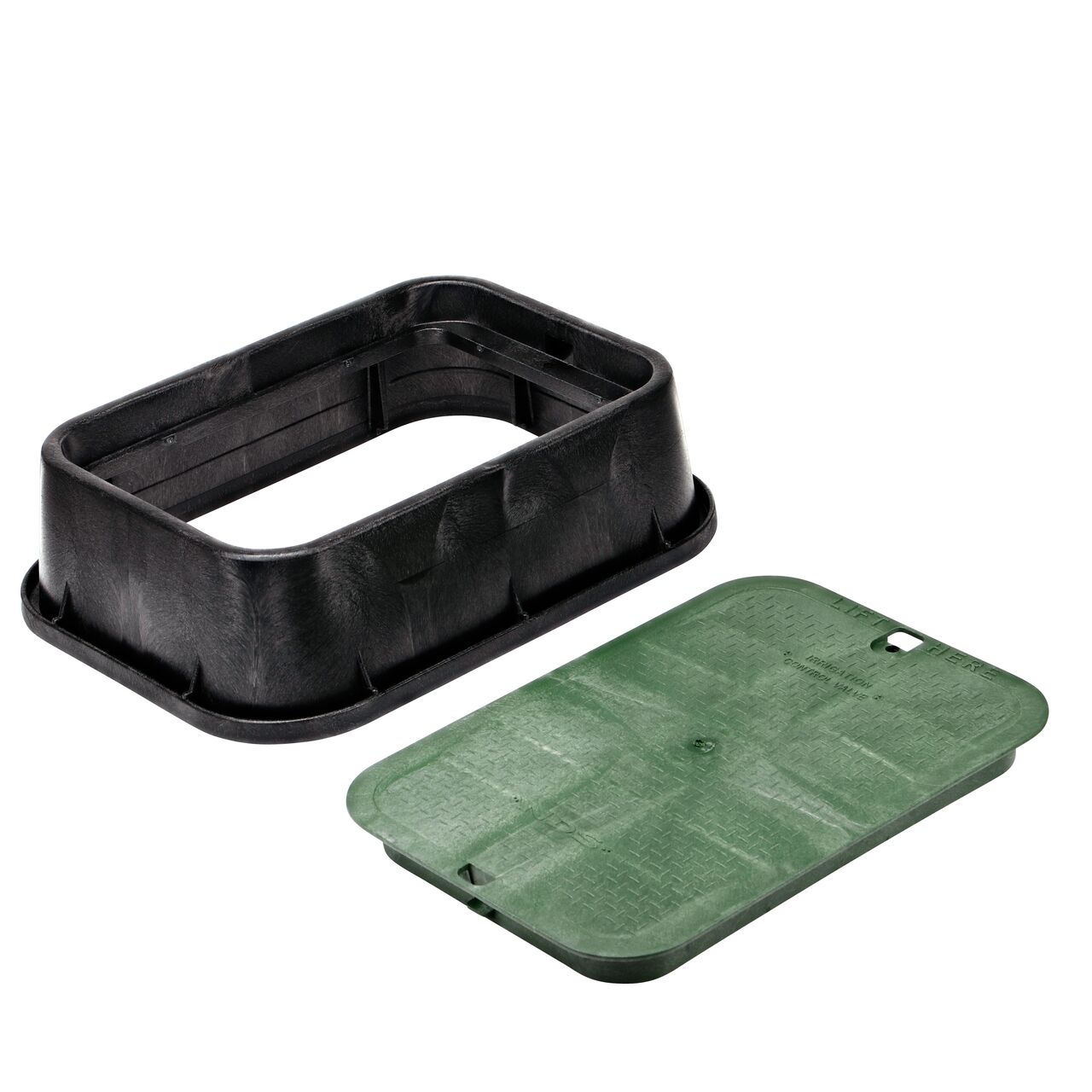 Unassembled View of the 13 in. X 20 in. Jumbo Black Rectangular Valve Box Extension and green ICV Cover (NDS 119)