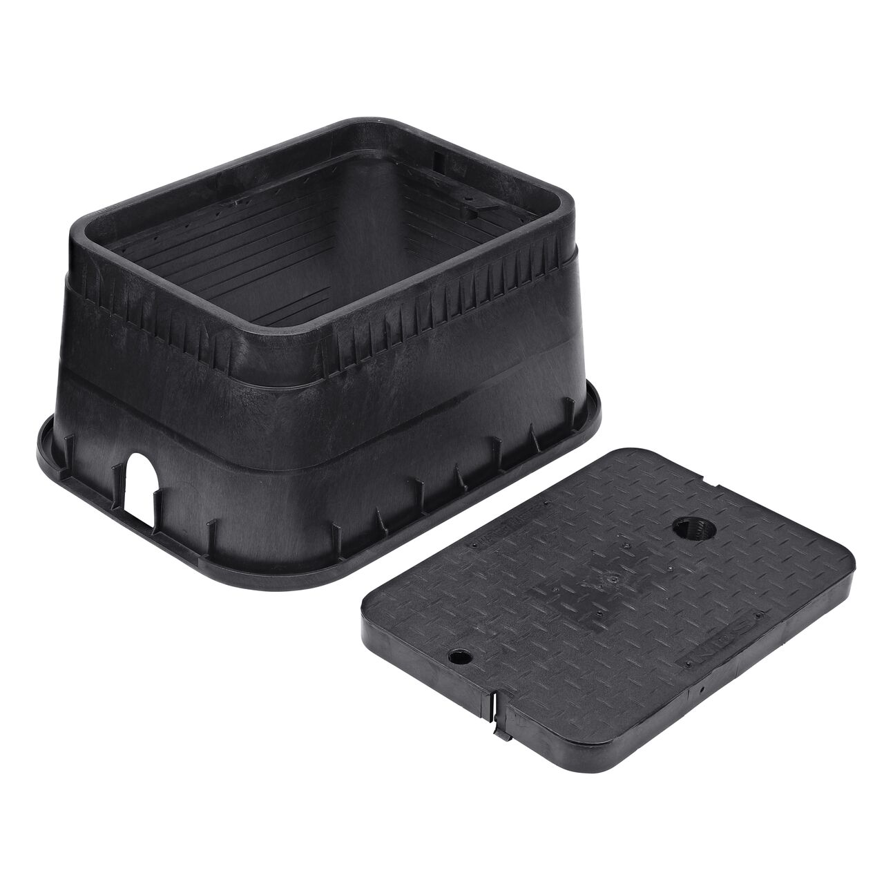 Unassembled View of the NDS 13 in. X 20 in. Black Rectangular Standard Series valve box and Black Water Meter drop-in cover (NDS D1500-DISBTR) for AMR devices