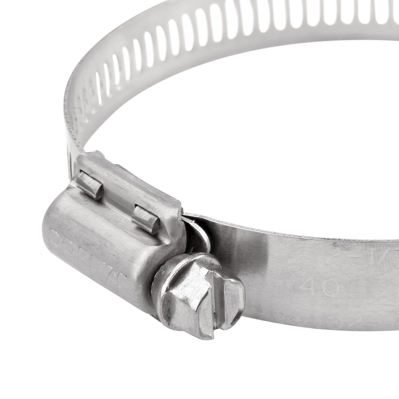 Closeup view of the NDS SAE 40 Worm Drive Hose Clamp with Aero Seal 1/2 in. band width (NDS 64040H) with a 5/16 in. 410 Stainless Steel hex screw; tighten to 30-45 in. lbs. torque to close