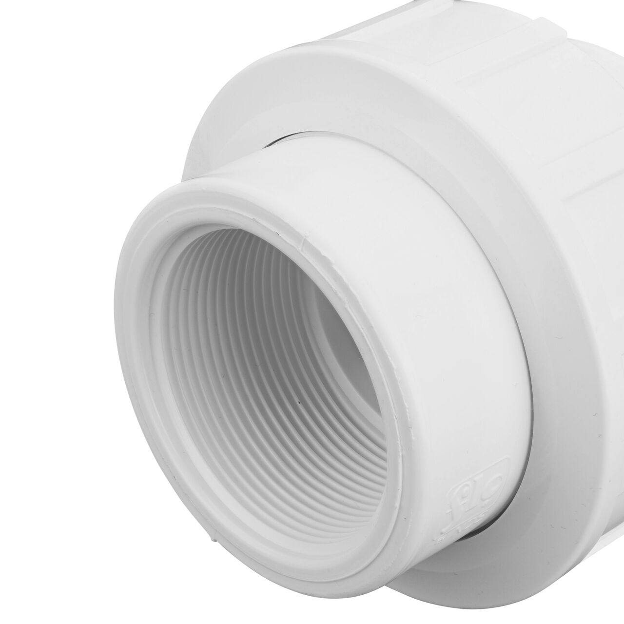 Closeup view of the other threaded end on the PVC Union, 2 in. Sch. 40 FPT X FPT (NDS WU-2000-T) which provides a corrosion-free connection between pipes and prevents costly property damage