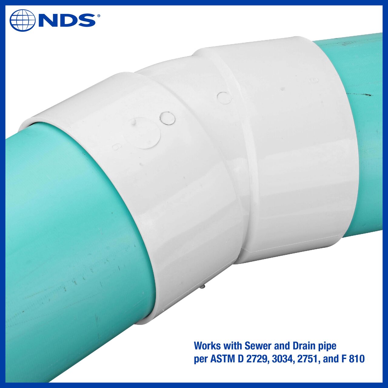 The NDS 6 in. PVC 22.5° elbow (NDS 6P04, NDS L6P04) works with Sewer and Drain pipe per ASTM D 2729, 3034, 2751 and F 810