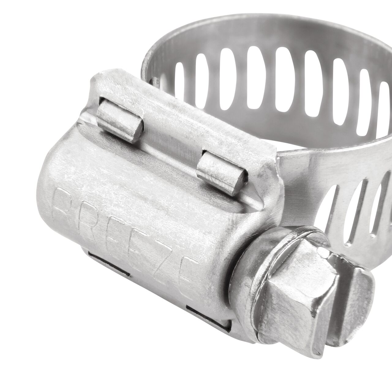 Closeup view of the NDS SAE 6 Worm Drive Hose Clamp with Aero Seal 9/16 in. band width (NDS 64006H) with a 5/16 in. 410 Stainless Steel hex screw; tighten to 30-45 in. lbs. torque to close