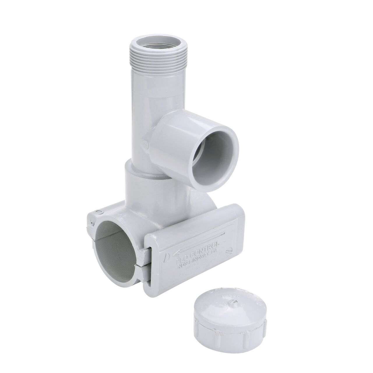 Unassembled view of the 2 in. NDS Flo-Tap™ Rigid PVC saddle with 1-1/2 in. socket or 2 in. spigot connection on top (NDS 3220) includes a patented wedge to secure on PVC pipe and built-in saw tooth cutter with cap at the top