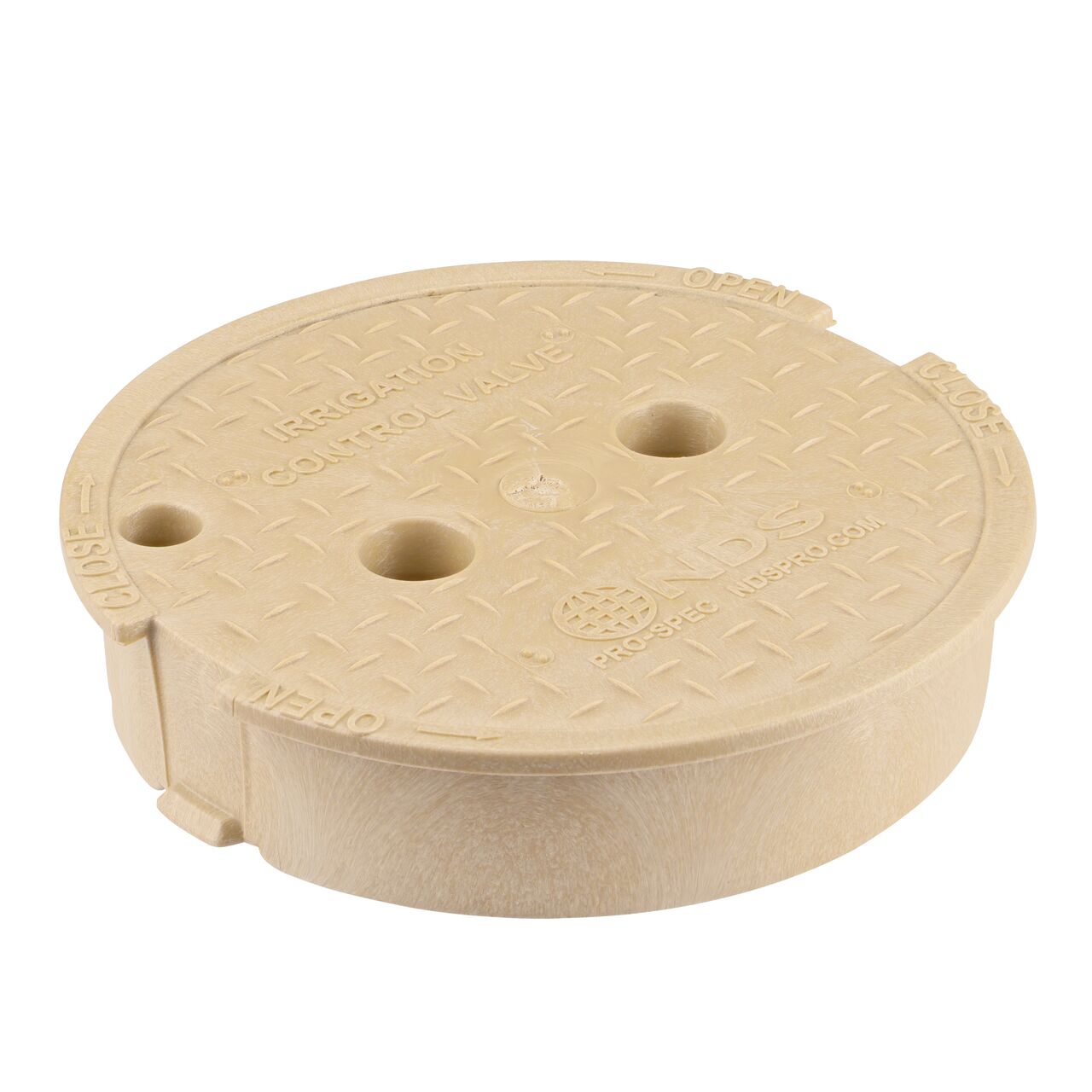This NDS 10 in. Round Pro-Spec® Series Valve Box Cover is a Sand Cover (NDS 311CSAND) with Irrigation Control Valve markings on the lid and fits NDS Pro-Spec® series 10 in. valve boxes
