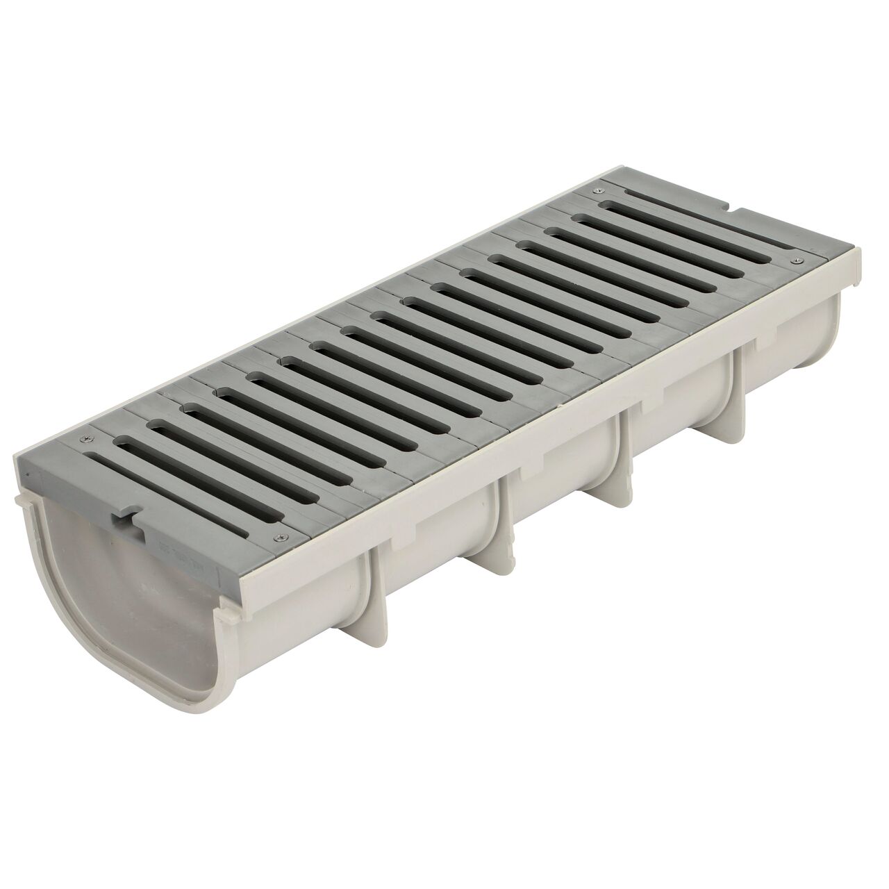 One Load Star 8 in. Pro Series Channel Drain Grate, made of Glass-Reinforced Nylon, installed on one Shallow Profile 8 in. Pro Series Channel Drain