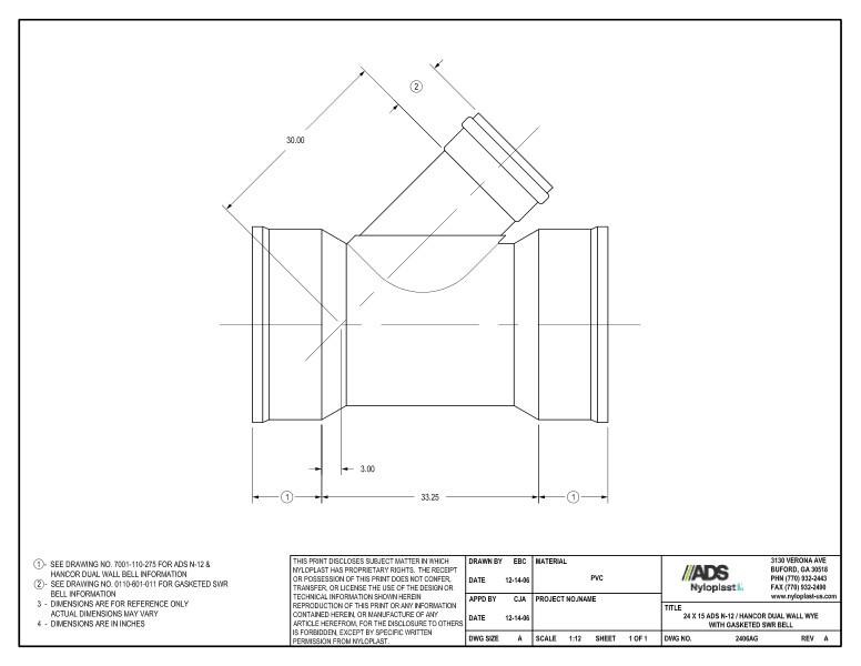 24 x 15 N-12 Dual Wall Wye with Gasketed SWR Bell Nyloplast Detail