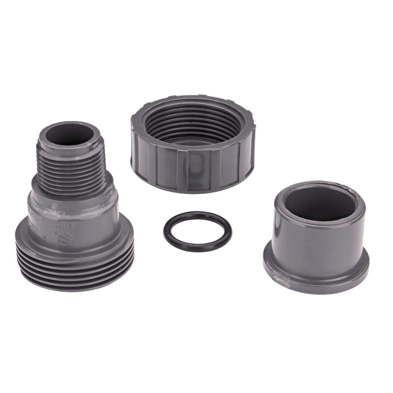 The NDS 3/4 in. PVC Union shown here unassembled, includes the EPDM O-ring that is placed in the center of the union to create a leak-resistant seal (NDS U-0750-SM)
