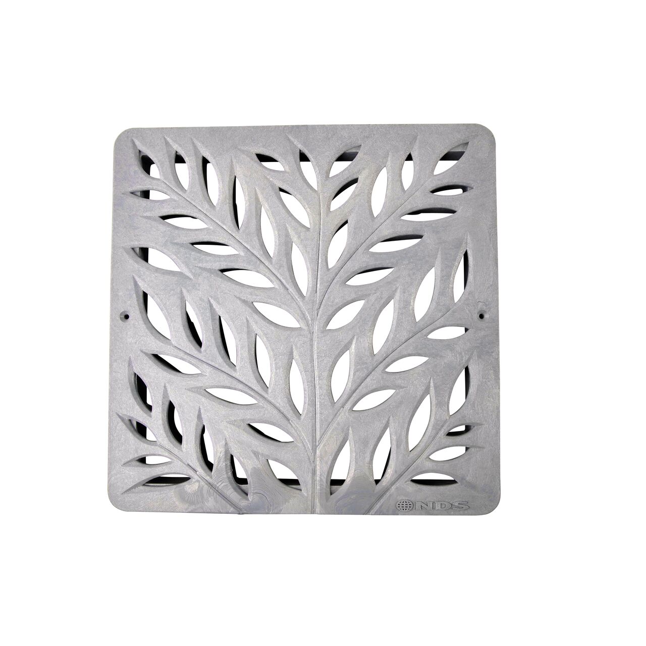Alternate top down view of NDS 12 in. Square Catch Basin Drain Grate, Decorative Botanical Design, Gray Plastic (NDS 1218GY) showing grate design
