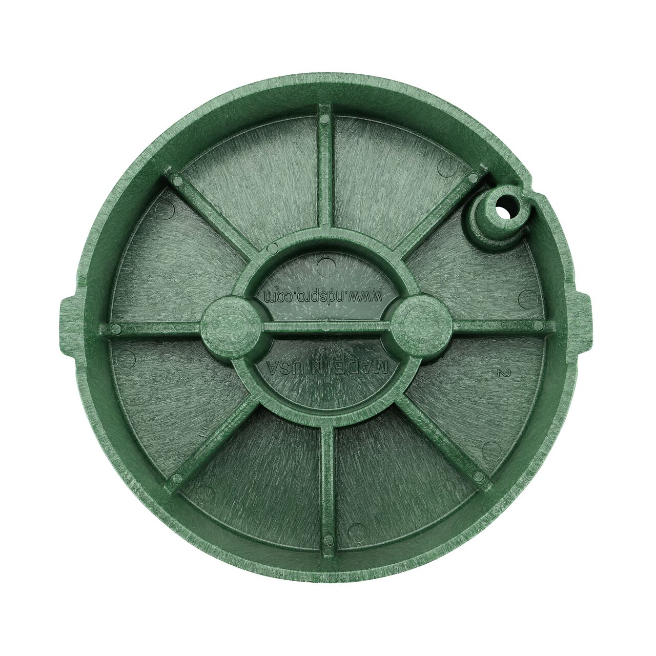 Top down view of the underside side of the Green Water cover for the NDS 10 in. Round Pro-Spec® Series (NDS 312BCW) showing reinforcing ribs that are load rated to withstand pedestrian traffic and the rigors of lawn care equipment