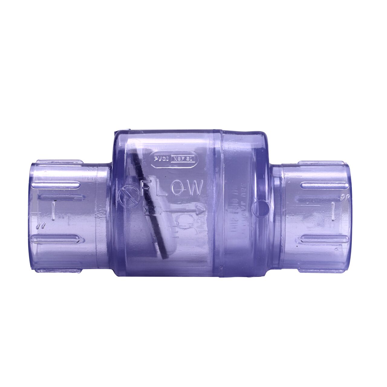 Side to side view of the NDS Clear 1 in. slip end by slip end PVC Swing Check Valve (NDS 1520C10) which prevents backflow in pipelines