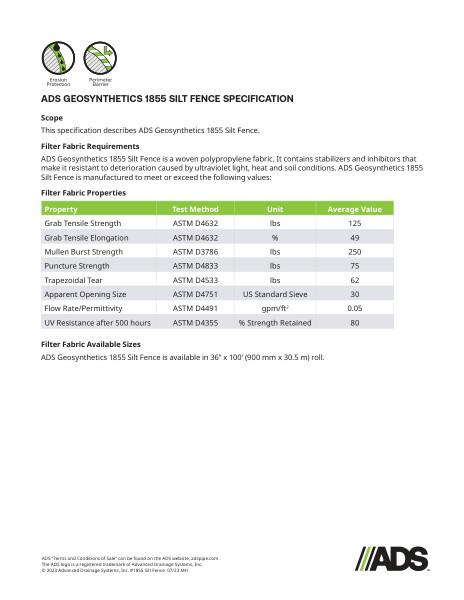 1855 Silt Fence Geosynthetic Specification