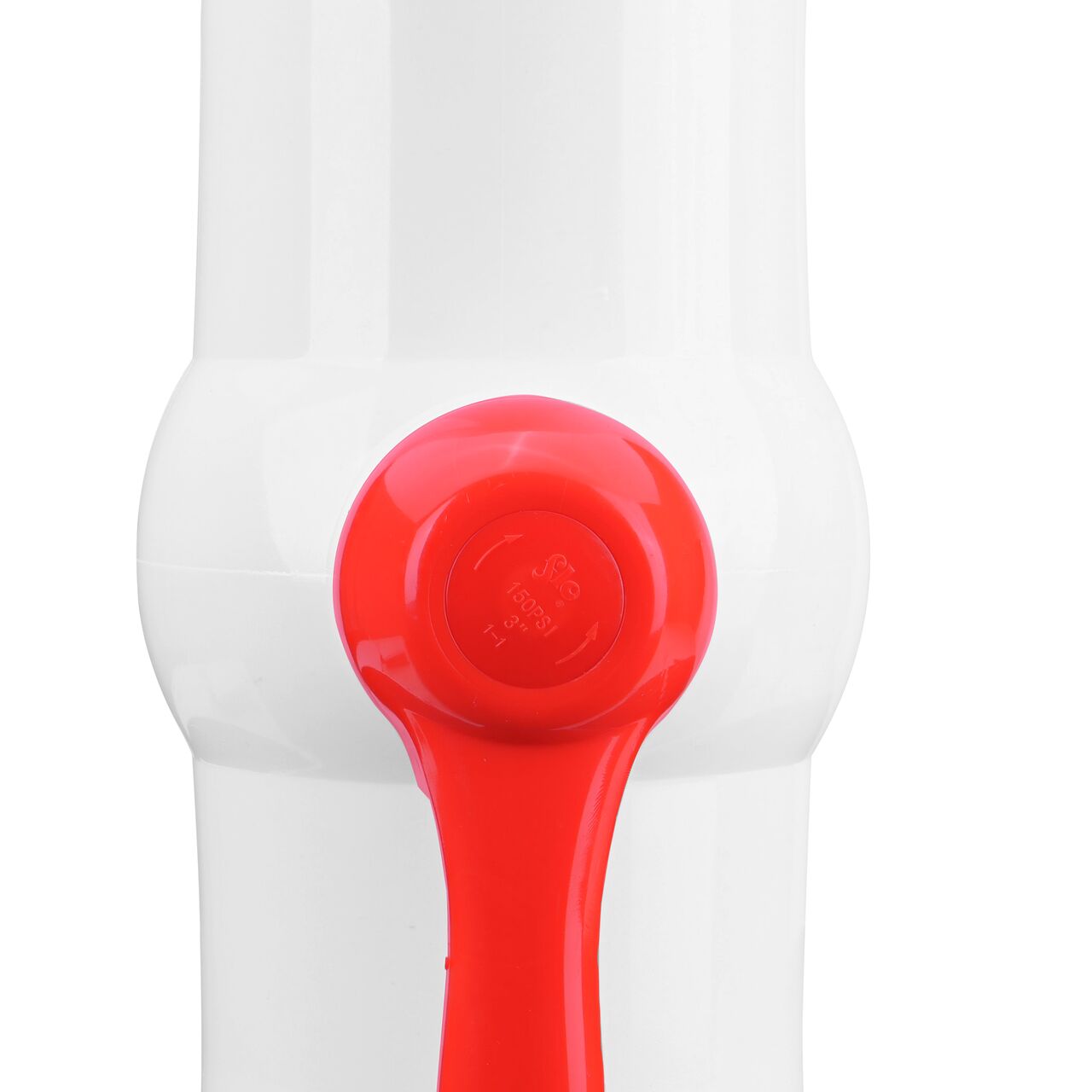 Closeup of the NDS IPS Ball Valve showing that the handle is made of durable PVC material perfect for irrigation or other pressurized system (NDS E1320-40)
