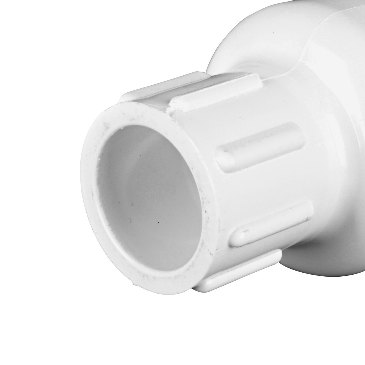 Closeup of the non-sloped end slip of the NDS White 1/2 in. PVC Spring Check Valve (NDS 1011-05, NDS 1012-05)