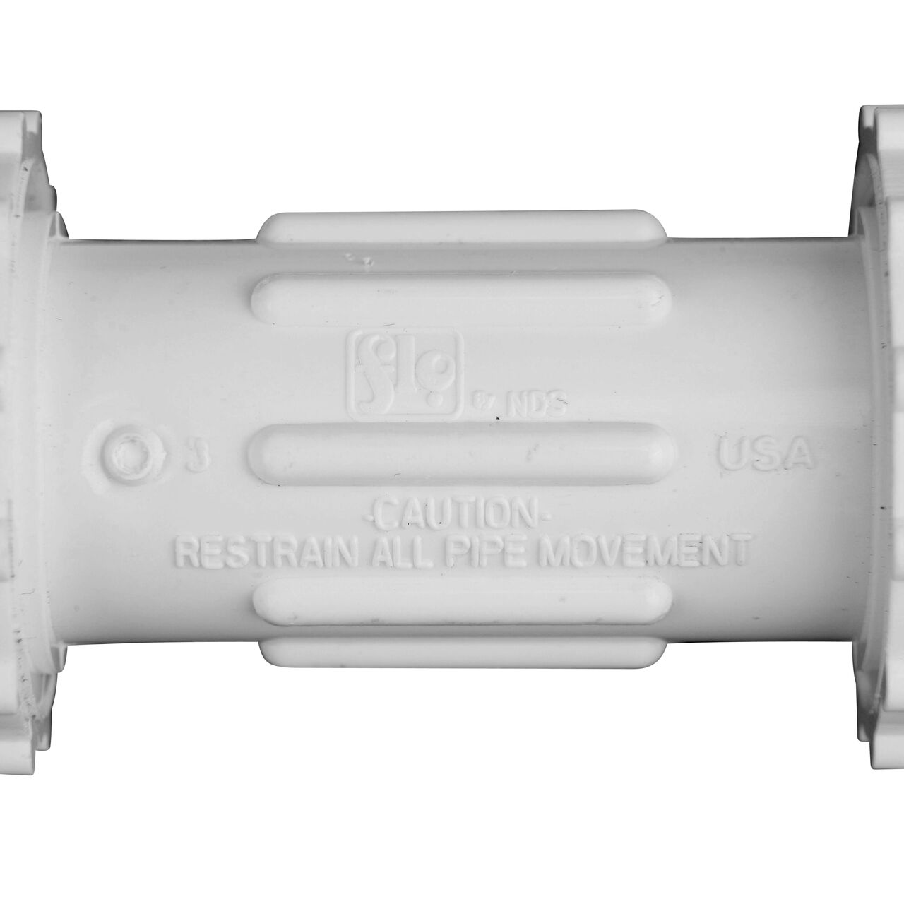 Closeup view of the NDS 1/2 in. CTS UC Compression Coupling showing that it is made in the USA as part of a complete flow management system for pool, spa, irrigation, and plumbing applications (NDS CCC-0500)