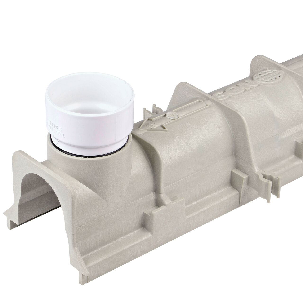 Insert the NDS Dura Slope Bottom Outlet Adapter (NDS DS-126) into the drilled out bottom outlet hole on the Dura Slope Channel Drain (NDS DS-091)