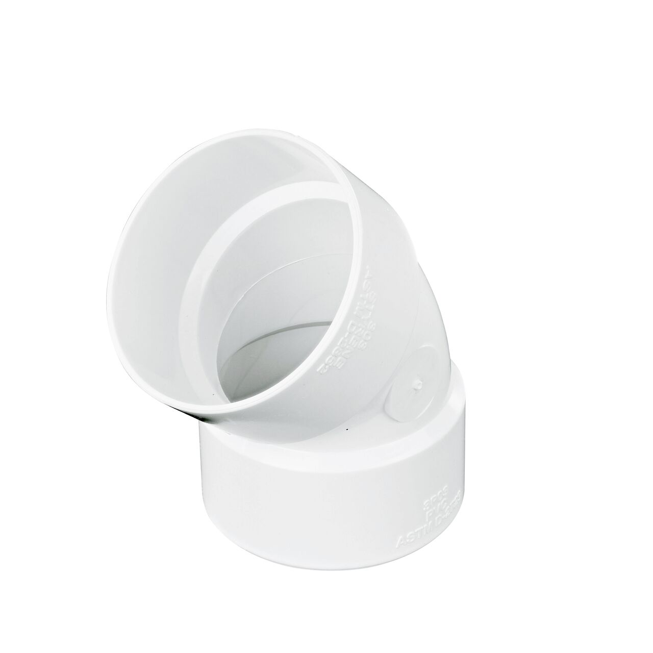 PVC 45° elbow, connects 3 in. Sewer and Drain pipes, Hub X Hub connection (NDS 3P03RTL, NDS 3P03*, NDS 3P03)