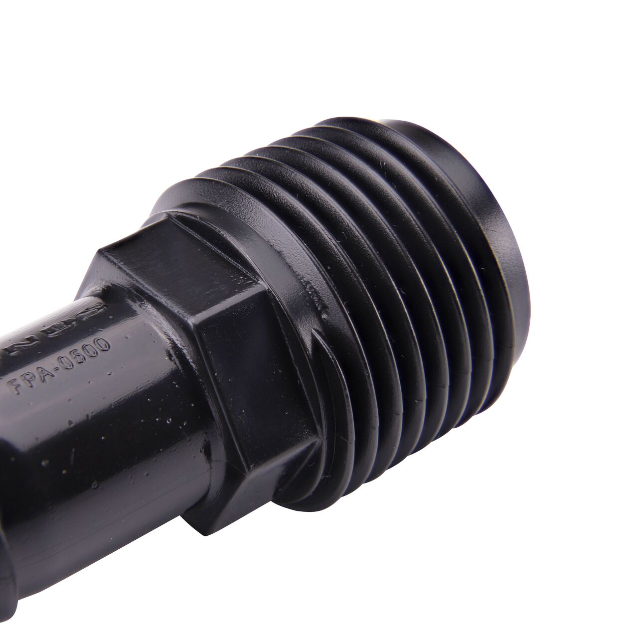 Closeup view of the 1/2 in. IPS MPT end on the 1/2 in. MPT X Barbed Flexee Swing Pipe Adapter (NDS FPA-0500) that connects to fittings to irrigation supply tubing