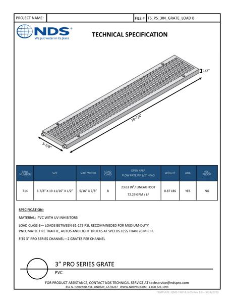 NDS 3 in. Pro Series™ Channel Drain Grate Plastic Tech Spec