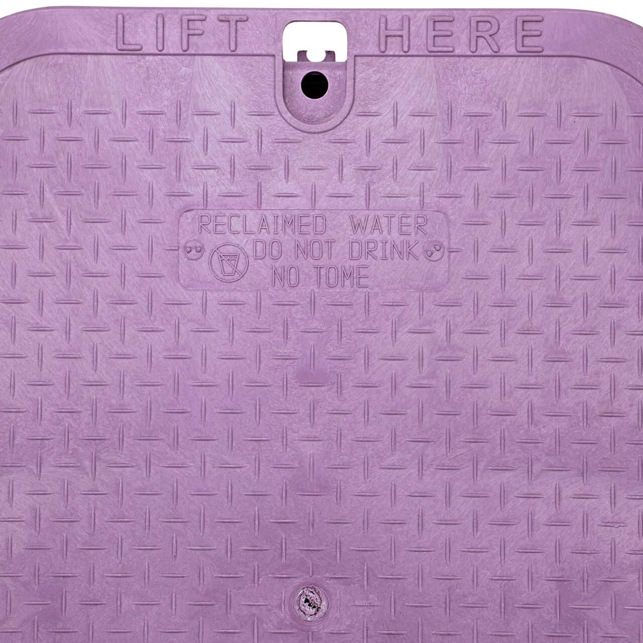 Closeup view of the Reclaimed Water markings on the Purple Reclaimed Water cover for the NDS 13 in. X 20 in. Rectangular Standard Series Jumbo Tapered Extension Valve Box (NDS 119TBCR)