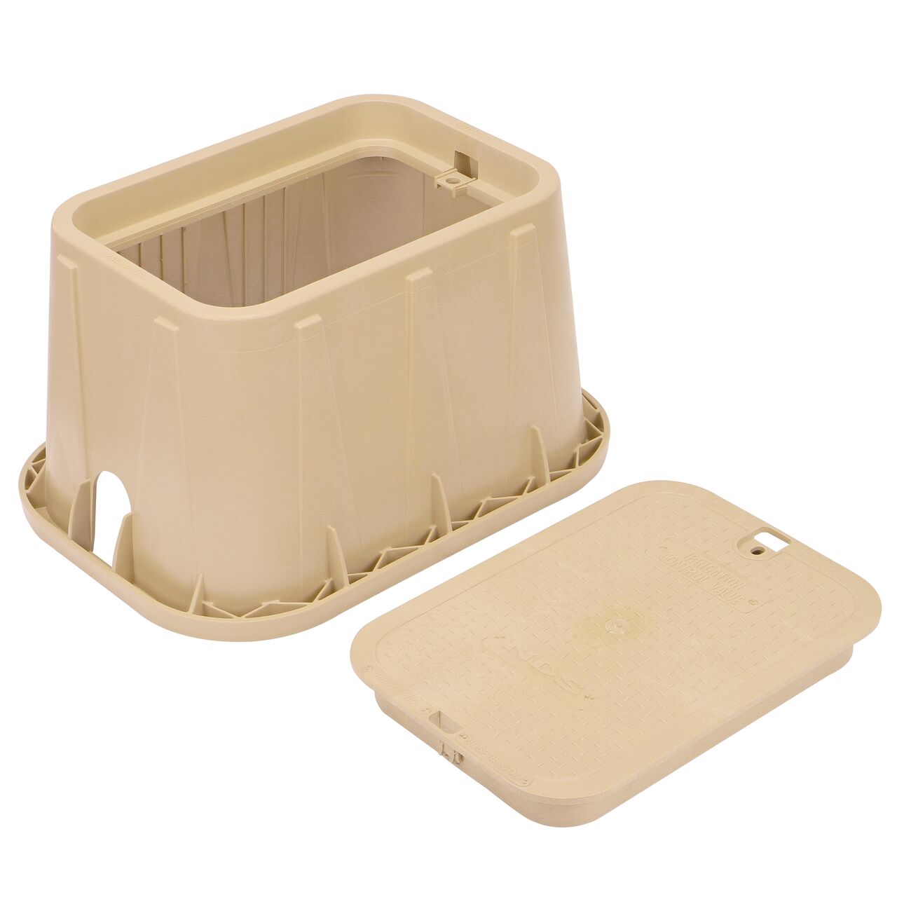 Unassembled View of the NDS 14 in. X 19 in. Rectangular Pro-Spec® Series Sand box and Sand Irrigation Control Valve cover with bolt (NDS 314BCBSAND), that secures the lid onto the box