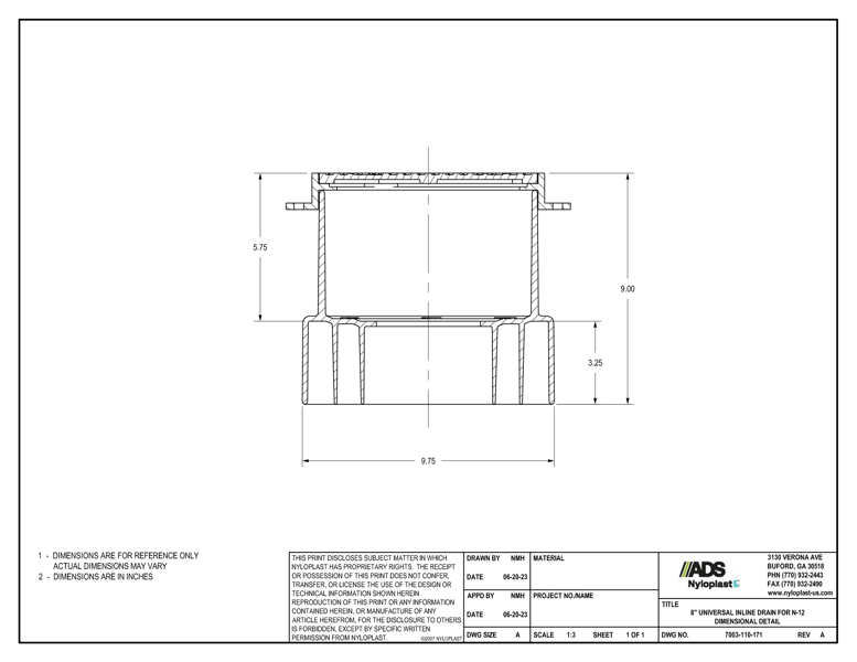 8" Universal Inline Drain for N-12 Dimensional Detail