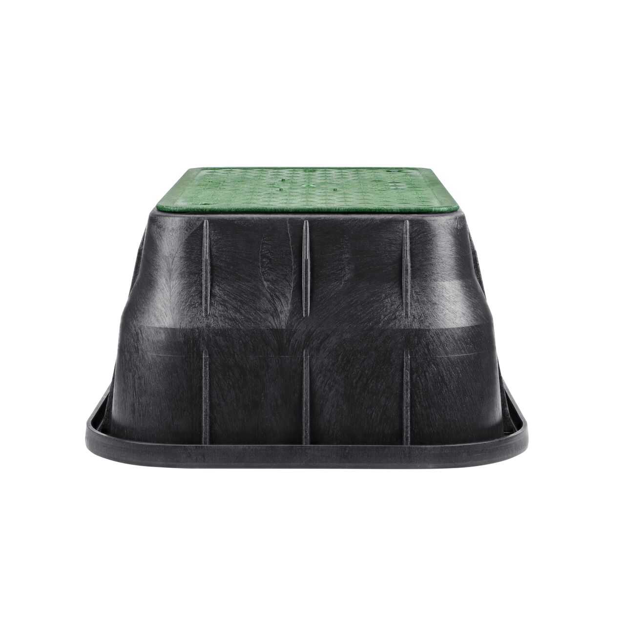 Side view of the shorter width side of the NDS 13 in. X 24 in. Rectangular Pro-Spec® Series Valve Box & Irrigation Control Valve Cover (NDS 325BCB) rugged enclosure for water and irrigation pipe connections