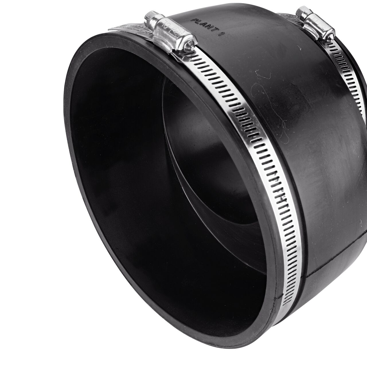 Closeup view of the large end on the NDS 6 in. X 4 in. flex eccentric coupling connects two slightly offset cast iron/sewer and drain or DWV/copper/steel/lead pipes (NDS 56-E64)