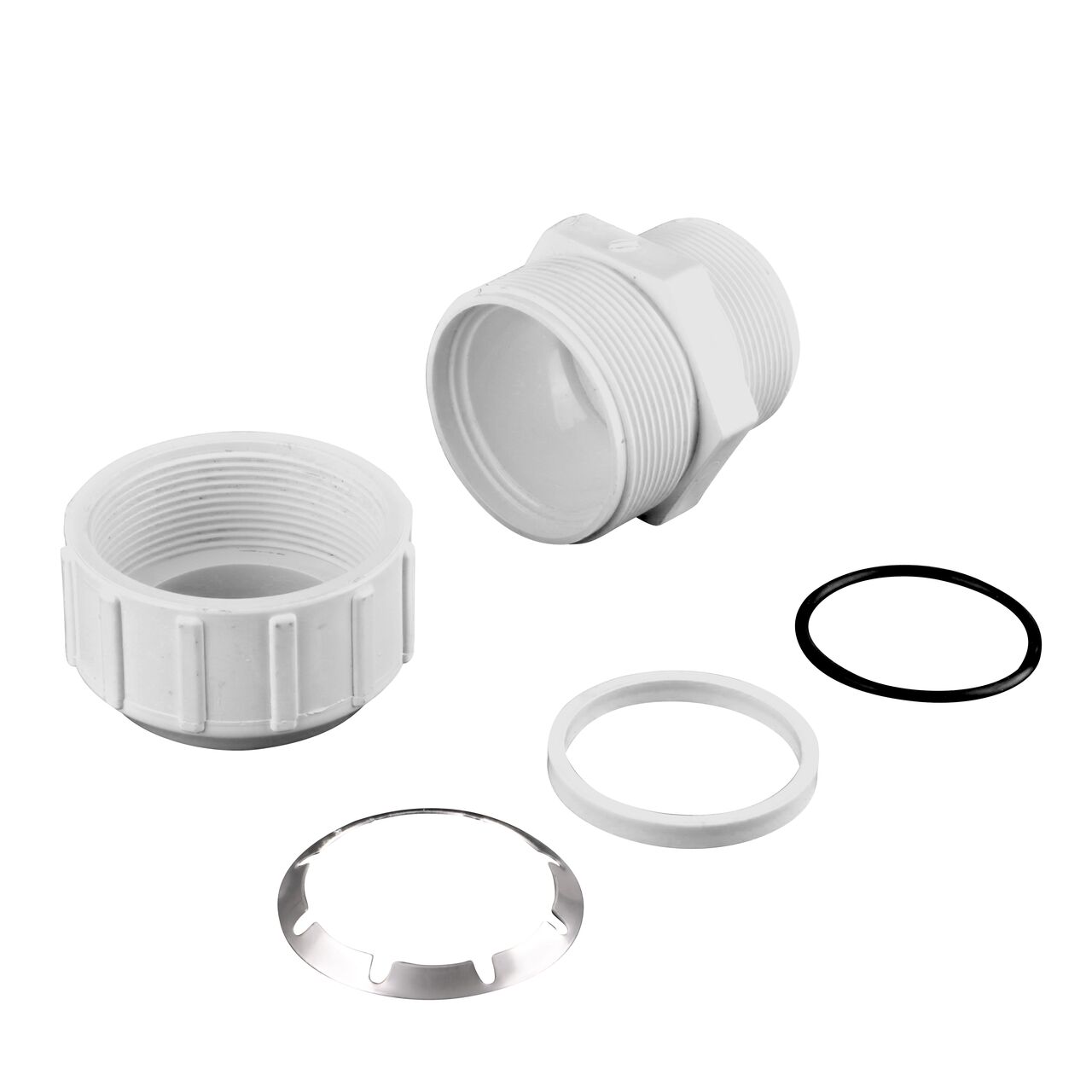 The NDS 2 in. CTS MPT Flo-Lock™ Gripper Adapter fully unassembled showing the steel gripper and EPDM O-Ring (NDS 235-20)