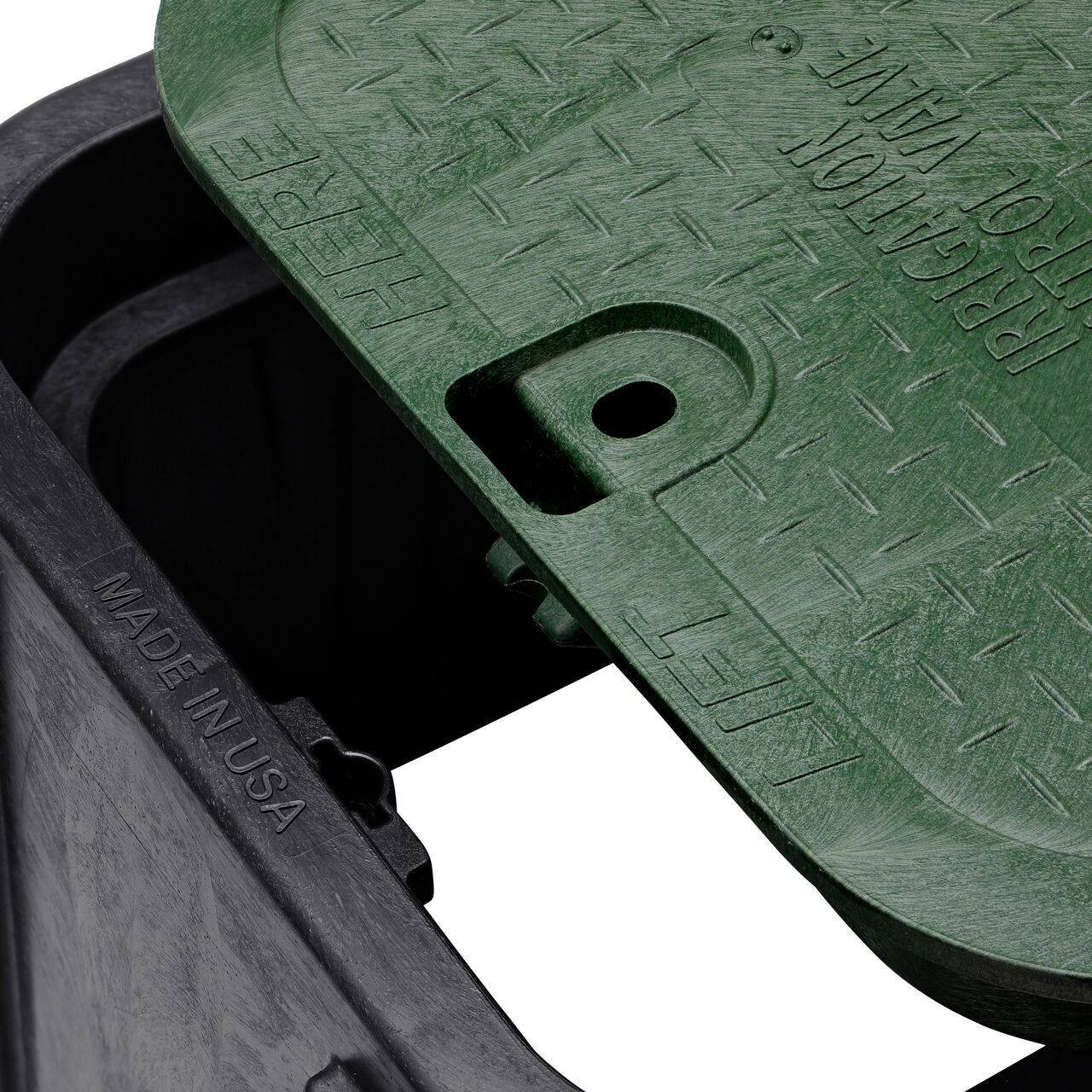 Align the bolt hole on the lid with the universal locking mechanism hole on the box from the NDS 14 X 19 in. Rectangular Pro-Spec® Series Black Box and Green Irrigation Control Valve Cover (NDS 313BC) for a secure fit