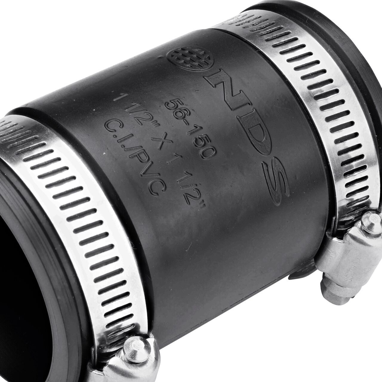 The clamps on the NDS 1-1/2 in. flex coupling for cast iron/sewer and drain or DWV/copper/steel/lead pipes can be tightened with screwdriver, 5/16 in. nut driver or socket to 60 inch-lbs. torque (NDS 56-150)