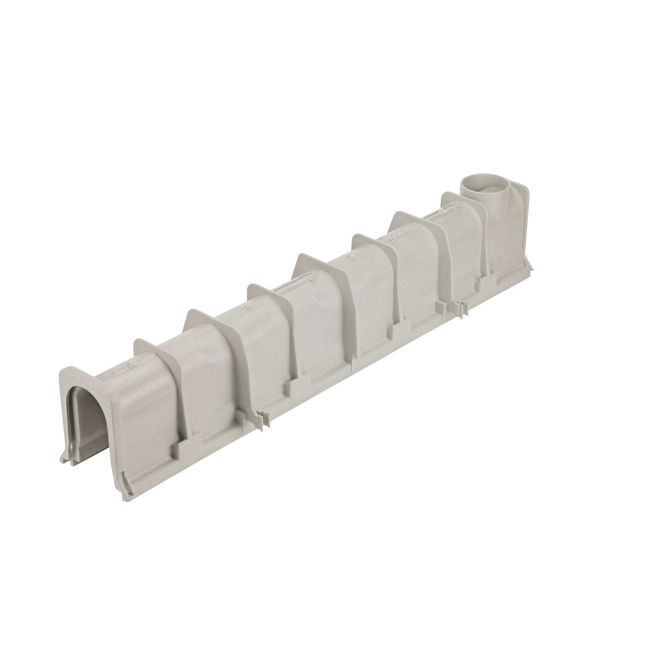 Bottom shot of the NDS 7.36 in. Deep Neutral Dura Slope Channel (NDS DS-101N) shows bottom outlet