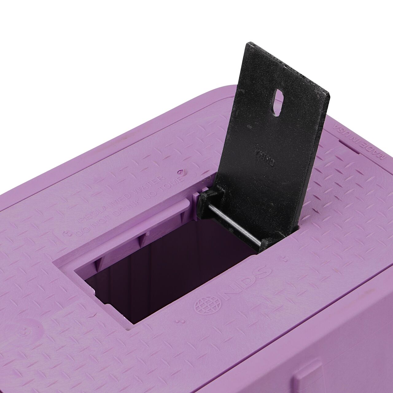 Closeup view of the Cast Iron reader door opened on the NDS 14 in. X 19 in. Rectangular Standard Series Meter Box & Water Meter Cover (NDS D1200P-DICIRP) to show how reader provides easy access to meter readers