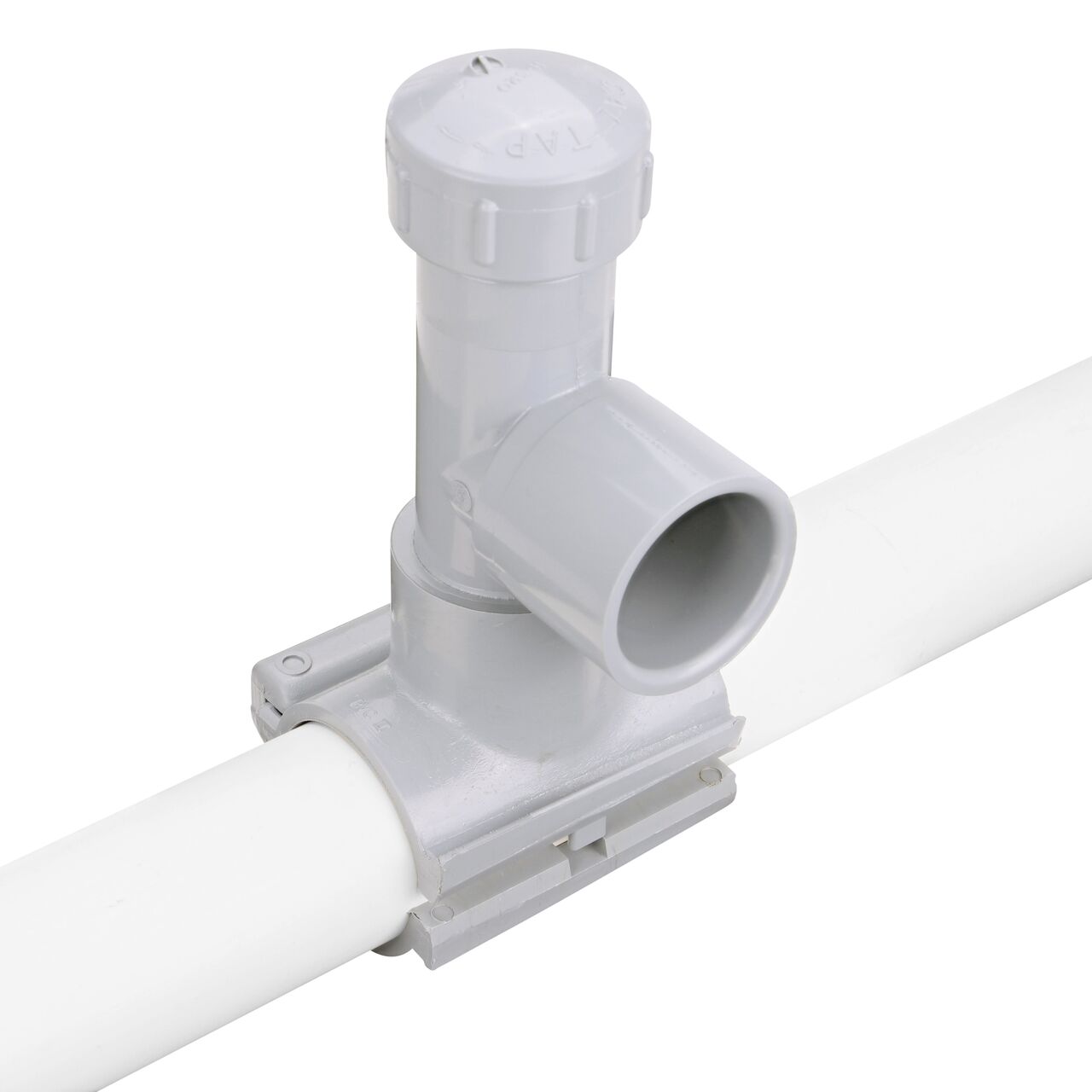 Alternate angle of the 2 in. NDS Flo-Tap™ Rigid PVC saddle with 1-1/2 in. socket or 2 in. spigot connection on top (NDS 3220) which is made of corrosion-proof material and no bolts, washers, or nuts needed to install which means no rust
