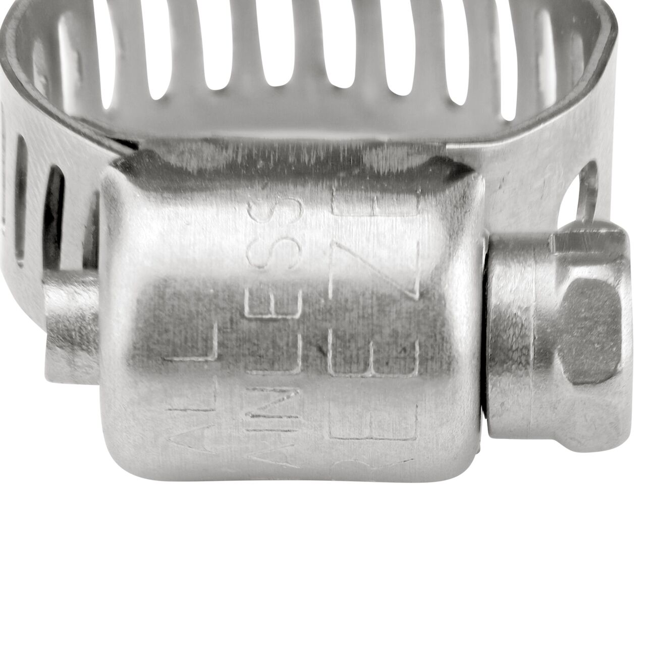 Closeup view of the two-piece clamp housing made of Series 300 Stainless Steel on the NDS 7/16 - 25/32 in. Worm Drive Hose Clamp SAE 6 with 5/16 in. band width (NDS 3604)