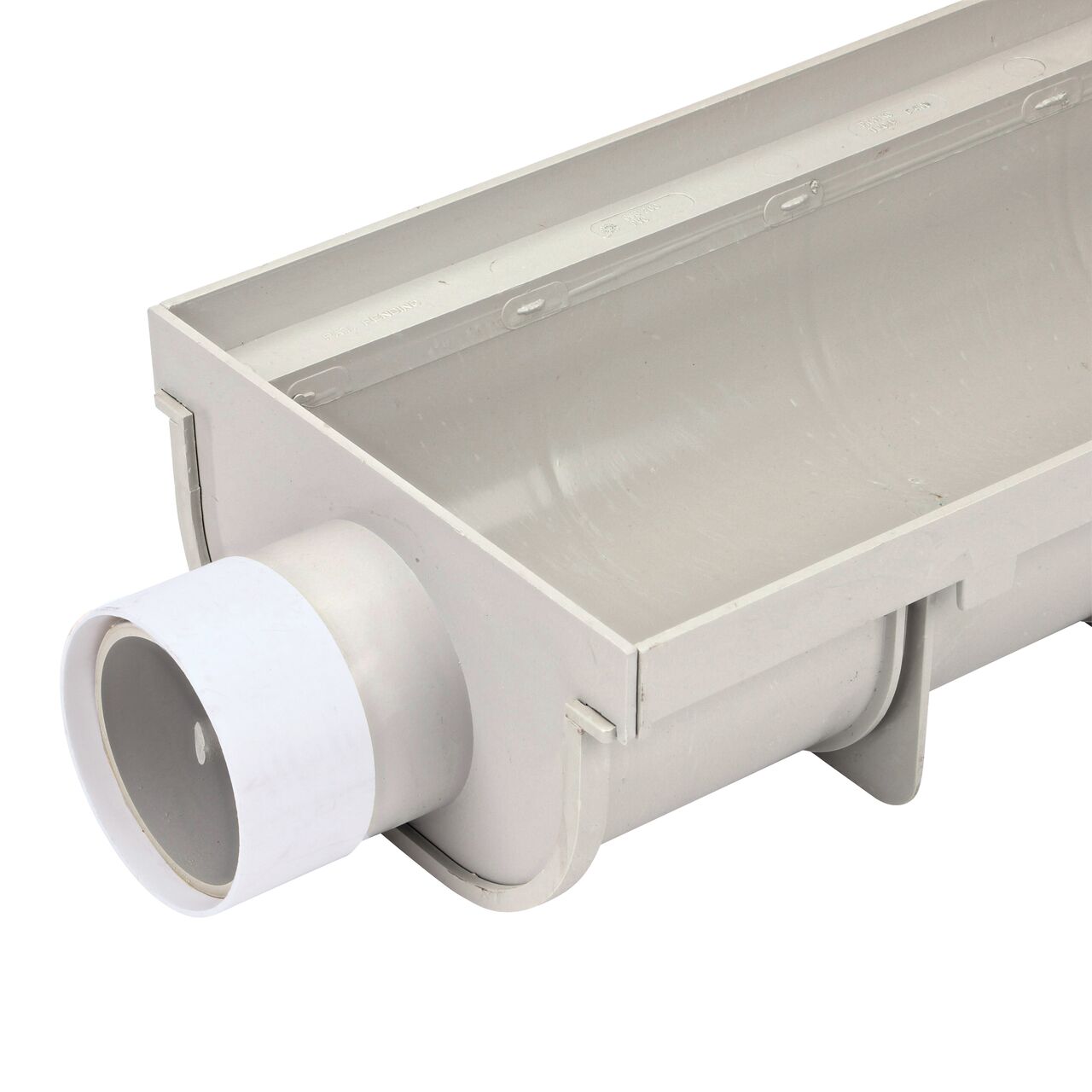 The NDS 8 in. Pro Series Channel™ Drain End Cap/End Outlet (NDS 831) connected to the Shallow Profile Channel Drain (NDS 830)