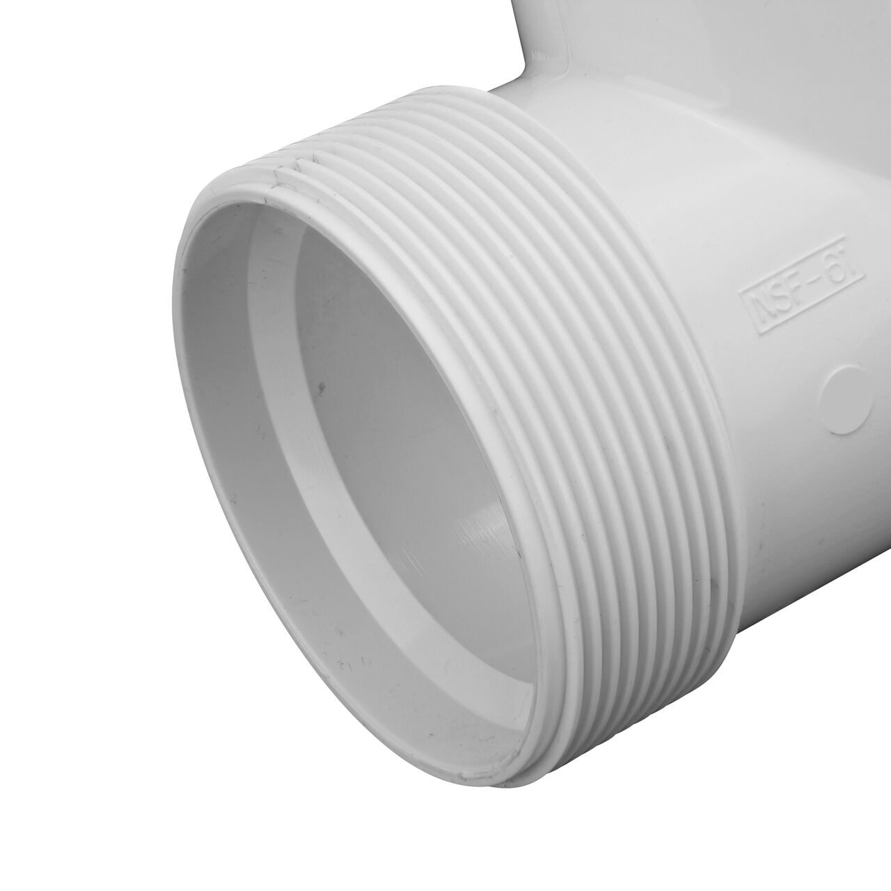 Closeup view of the NDS PVC Threaded Tees showing the compression end with 2 in. adjustable nuts removed and once installed provides a leak resistant connection (NDS CPT-2000-S)