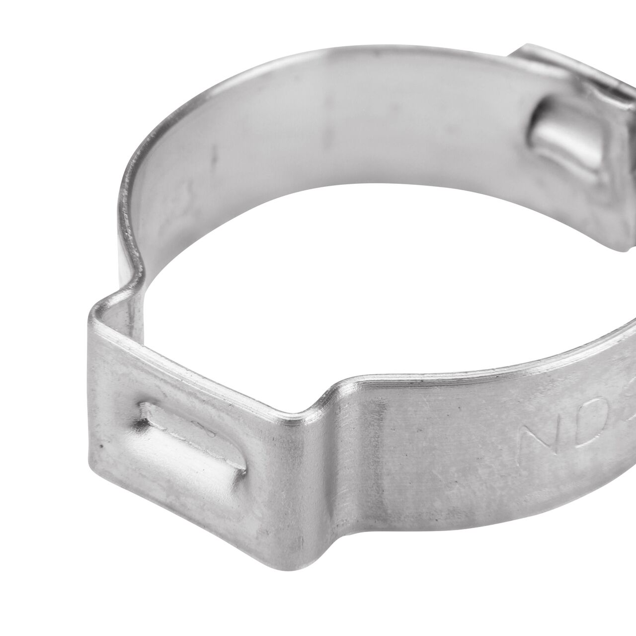 Closeup of the pinch clamp ear end on the NDS 210R Stainless Steel Pinch Clamp (NDS NC155000-012) which bends to confirm a secure, permanent closure.