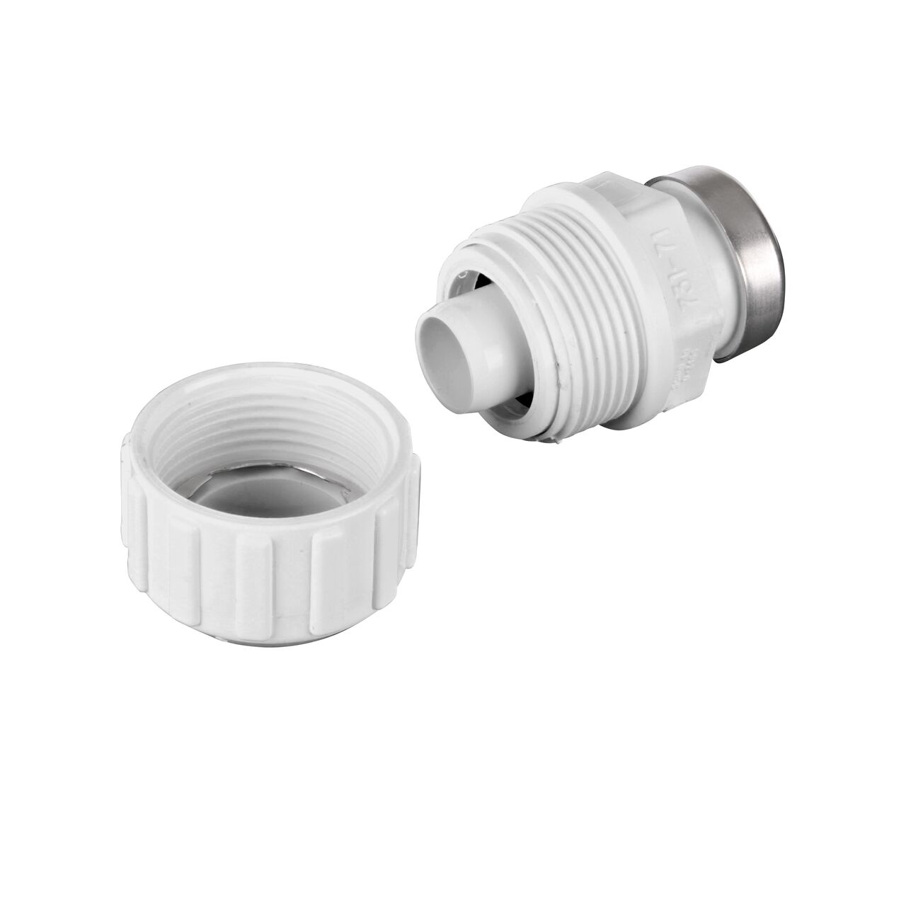 Unassembled NDS 3/4 in. SDR-9 CTS X 1 in. FPT Flo-Lock™ Gripper Adapter showing where the two ends come apart to secure the adapter to the pipe (NDS 731-71)