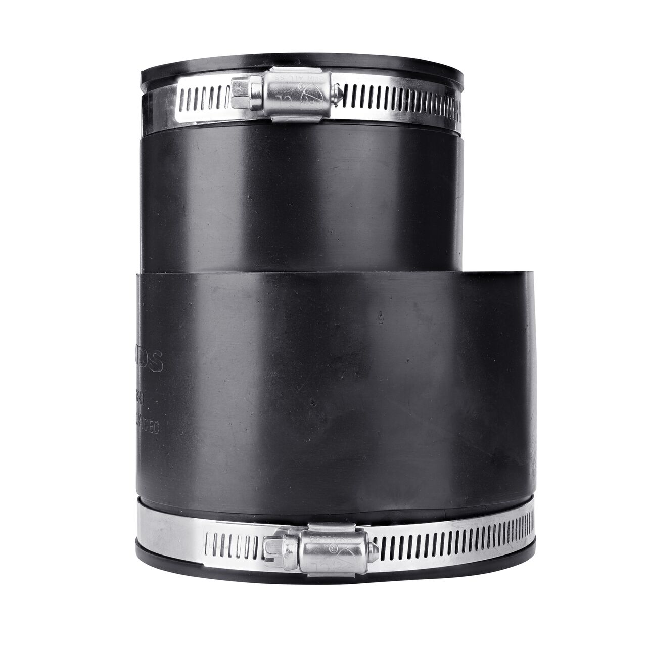 The NDS 4 in. X 3 in. flex eccentric coupling, in vertical position, connects two slightly offset cast iron/sewer and drain or DWV/copper/steel/lead pipes and provides leak-resistant seals with virtually any pipe (NDS 56-E43)