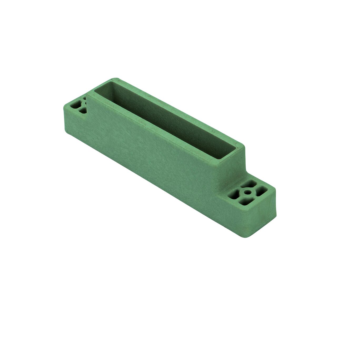 Angled view of the bottom of the Green Slotted Plastic Dura Slope® Channel Drain EZ-Track™ Radius Coupling Grate (NDS DS-662MG)