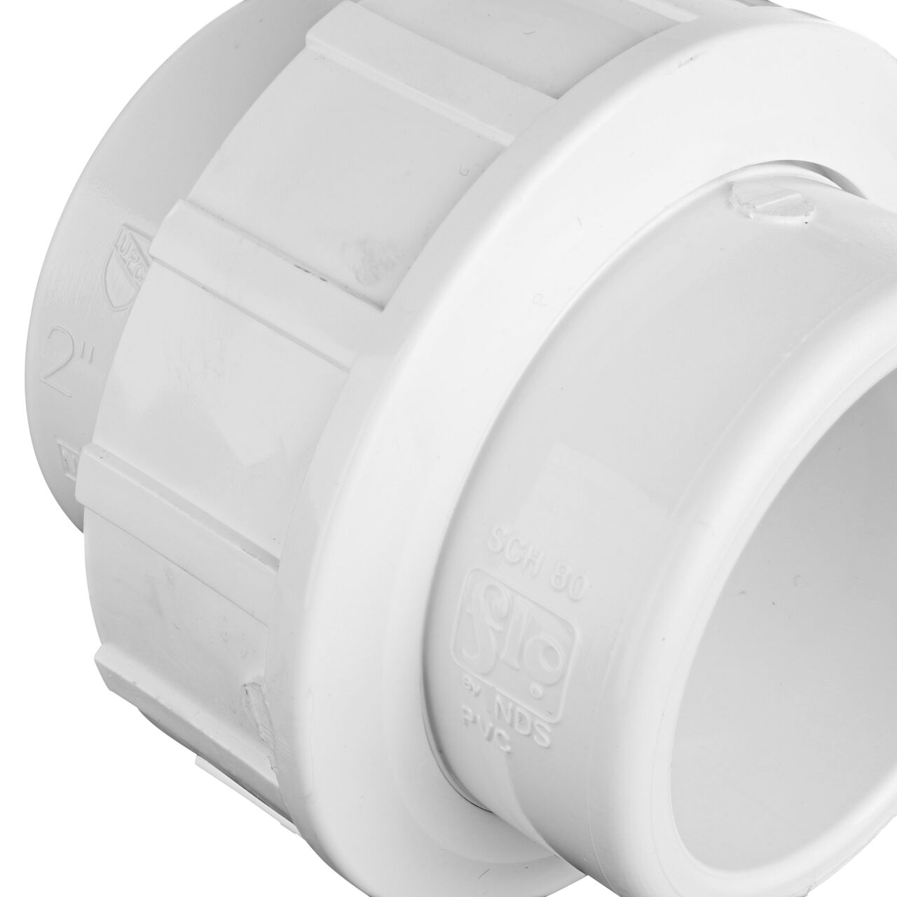 Close up view of the PVC Union, 2 in. Sch. 40 S X S showing NDS brand a leader in flow management solutions and the preferred choice of professionals since 1972 mark (NDS WU-2000-S)