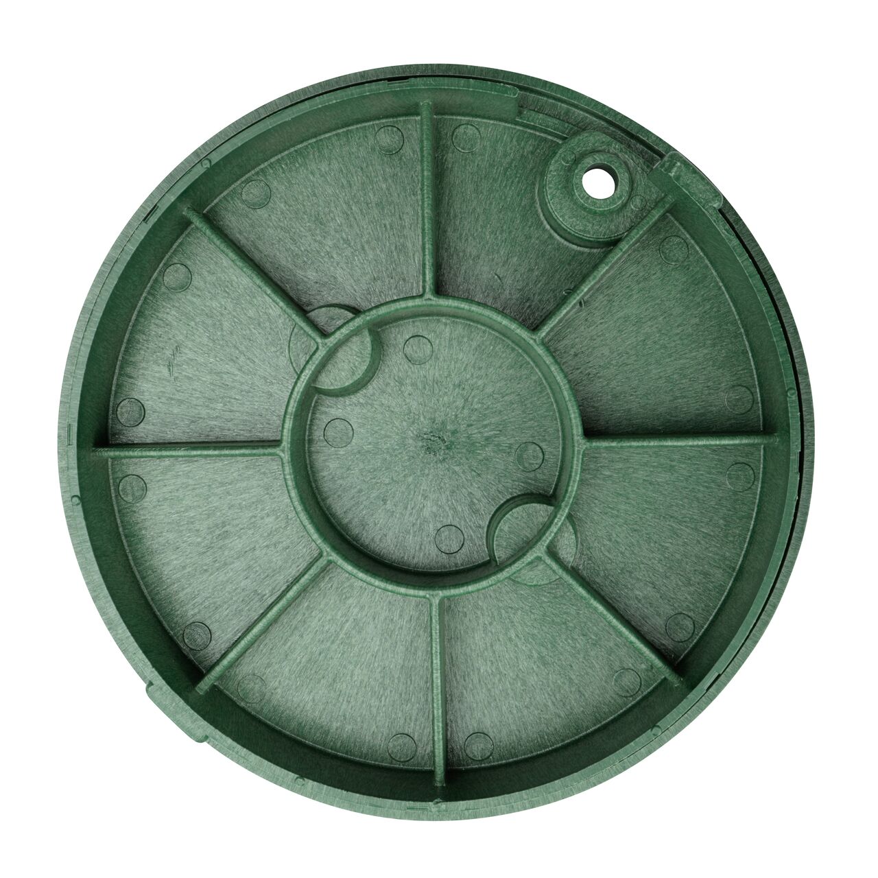 Top down view of the underside of the green sewer cover for the NDS 10 in. Round Standard Series (NDS 111CS) valve box showing reinforcing ribs that help support pedestrian and lawn care equipment