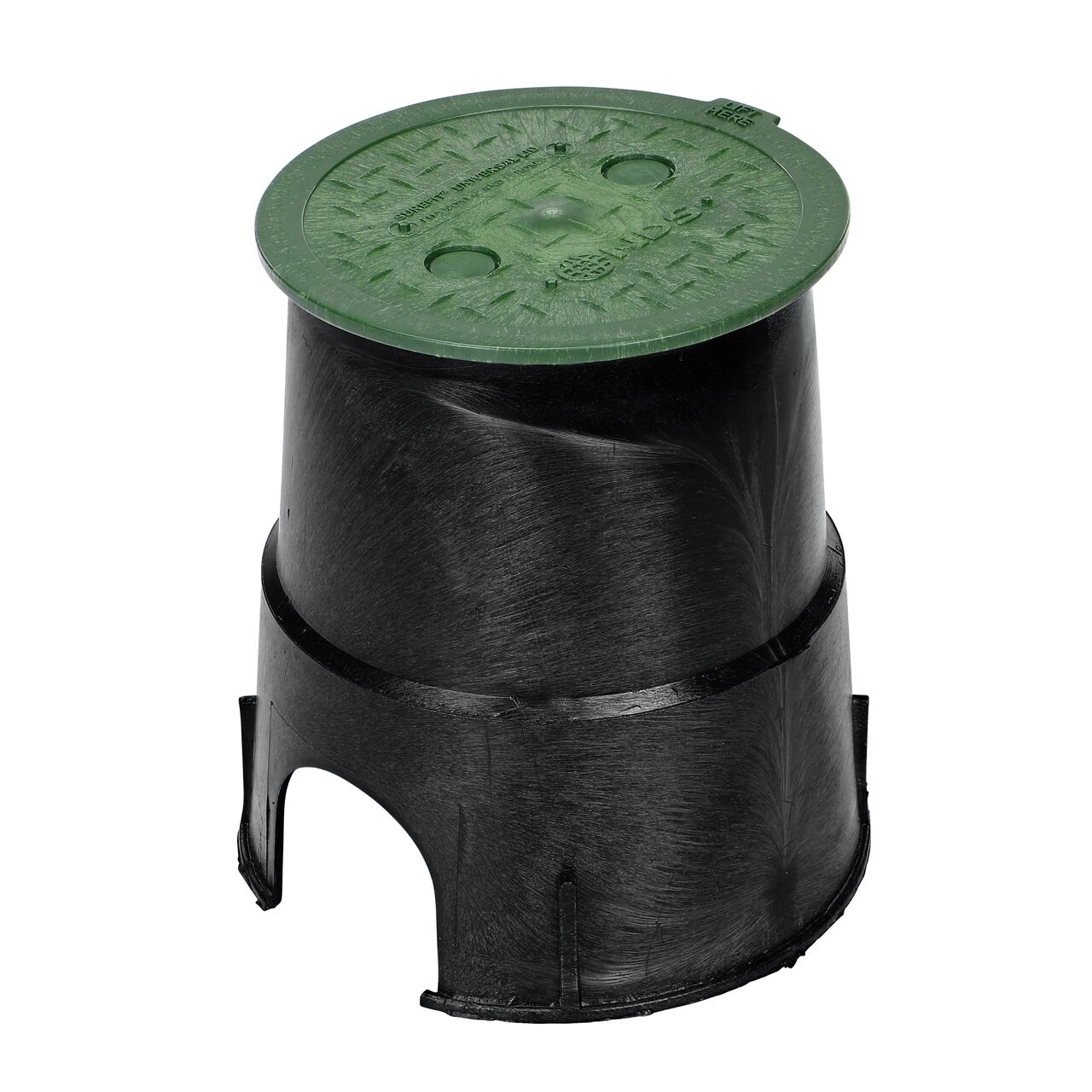 Alternate View of the 6 in. Round Surefit Universal Valve Box lid (NDS 6RND-UC) installed on a 7 in. black Oldcastle box