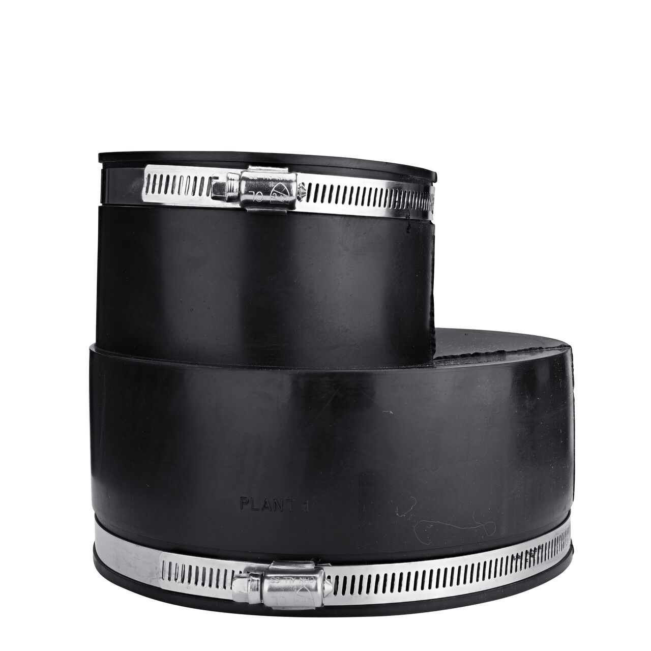 The NDS 6 in. X 4 in. flex eccentric coupling, in vertical position, connects two slightly offset cast iron/sewer and drain or DWV/copper/steel/lead pipes and provides leak-resistant seals with virtually any pipe (NDS 56-E64)
