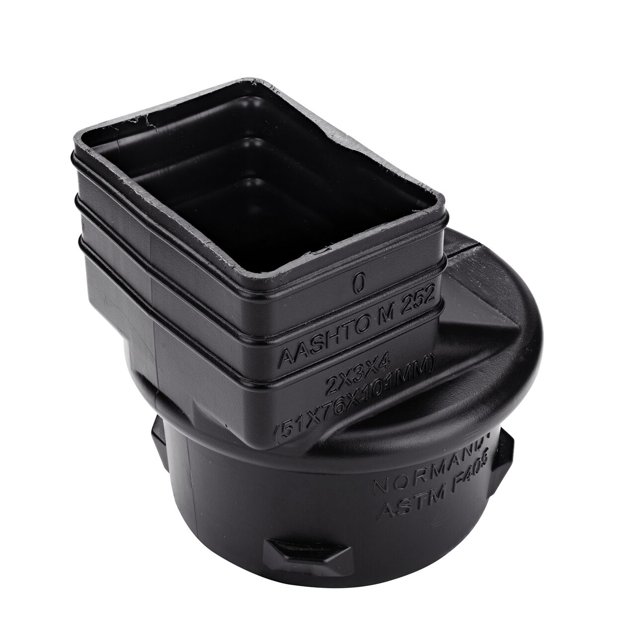 Top down view of the rectangel opening of the HDPE Downspout Adapter which transitions 2X3 in. Downspout to 4 in. Hub (NDS 234CDS)