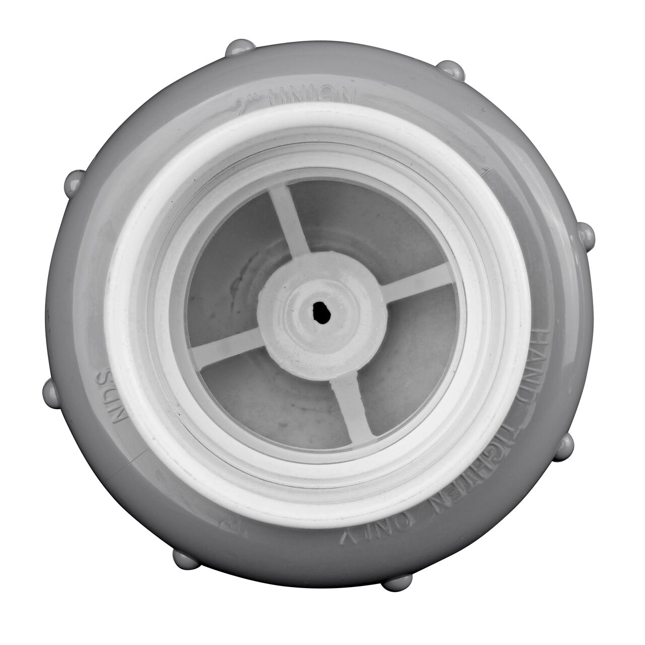 Inside view from outlet end of the NDS White 2 in. slip end by slip end PVC True Union Spring Check Valve with 1/2 lb. Spring (NDS 1700-20)
