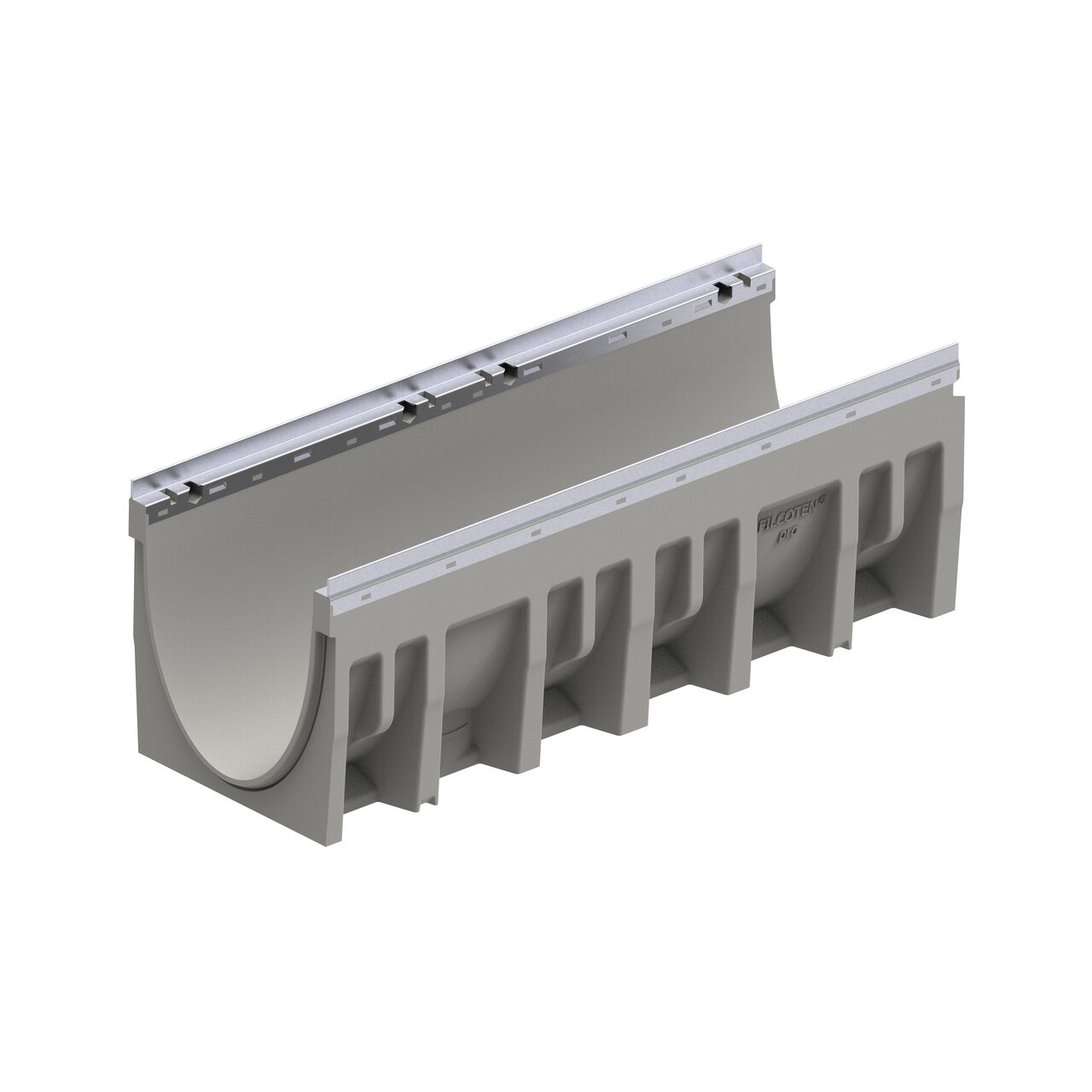 The female interlocking end of the constant depth channel 0 BG-FILCOTEN® by NDS® pro V 200 Trench Channel Drain with Galvanized Steel Rails, an 8 in. wide trench drain with high-load capacity made of high-performance concrete (HPC)