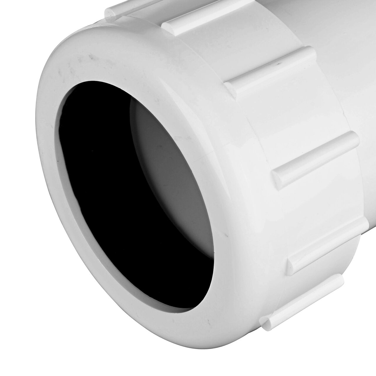 Closeup view of the NDS IPS UC Compression Coupling showing the 3 in. compression end with adjustable nut secured which reduces pull-out from pipe (NDS CPC-3000)