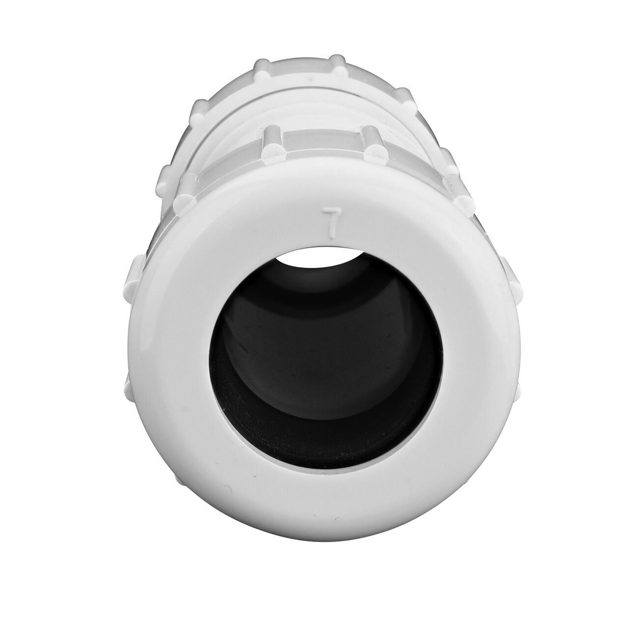 The NDS 3/4 in. IPS UC Compression Coupling showing the gasket inside the adjustable nut that secures it in place once installed (NDS CPC-0750)