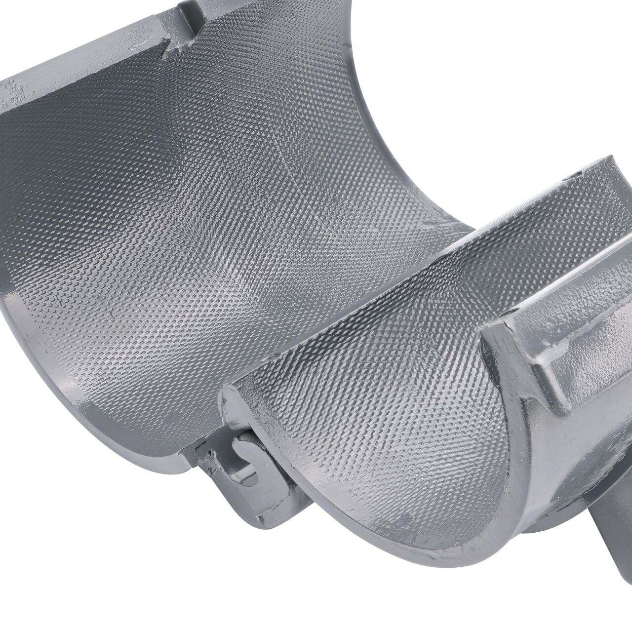 Closeup of the hinge open on the NDS Clamp-It™ Rigid PVC Saddle with 1 in. slip connection on top (NDS 453010) for 3 in. PVC pipe